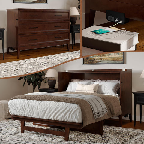 AFI, Santa Fe Full Murphy Bed Chest with 6" Mattress & Built-in USB Charger, Walnut
