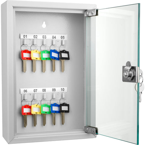 Barska 10 Key Lock Box with Glass Door – Wall Mount Key Cabinet with Labeled Shelves, Colored Key Tags, Solid Steel Construction, Gray – Secure Key Organizer for Home & Office