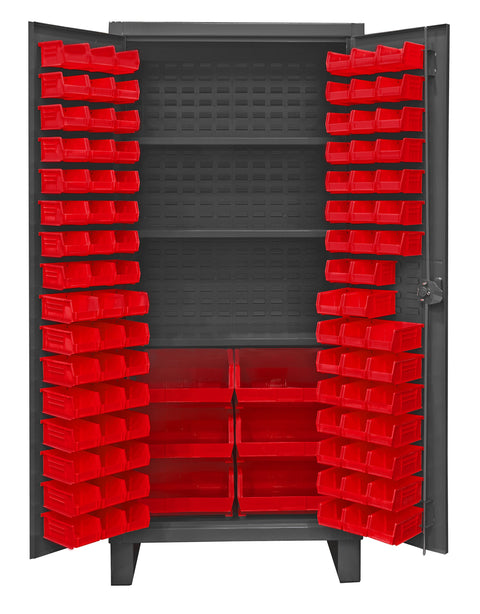 Durham HDC36-102-3S1795 Lockable Cabinet with 102 Red Hook-On Bins, 36" Wide, 12 Gauge