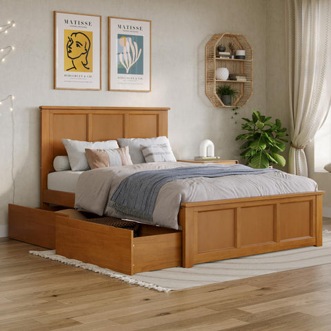 AFI, Madison Full Platform Bed with Matching Footboard & Storage Drawers, Light Toffee