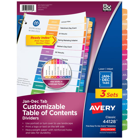 Avery® Jan-Dec Dividers for 3 Ring Binders, 12 Tabs per Set, Customizable Table of Contents, Multicolor Tabs, Great for Organizing Reports, Projects, and More (3 Sets of 44128)