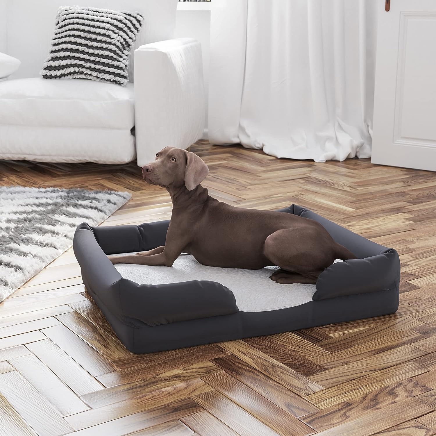 Flash Furniture Cooper Gray Orthopedic Bolster Dog Bed - Memory Foam Base for Dogs up to 25 LBS. - Ultra-Soft White Olefin Sleep Surface - Removable, Washable Cover