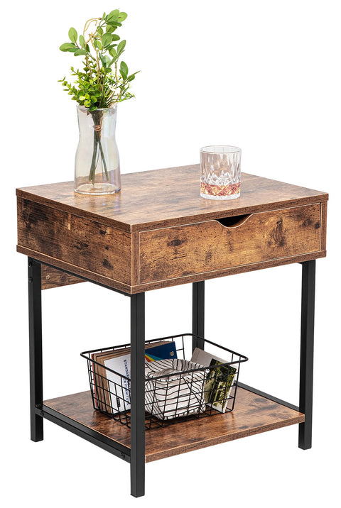 JJS Side End Table, Nightstand, Bedside Table with Drawer and Storage Shelves, Sofa Table for Living Room, Bedroom, Accent Furniture, Easy Assembly, Rustic Brown