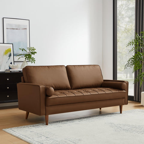 Modway Valour 73 Inch Faux Leather Sofa in Brown – Upholstered Sofa with Tufted Seat - 3-Seater Leather Couch with Cozy Wide Seats - Mid-Century Modern Couch for Living Room