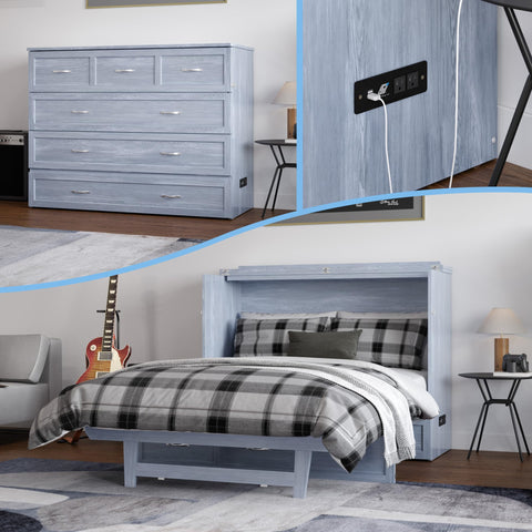 AFI, Northfield Murphy Bed Chest Full with 6" Mattress, Storage Drawer & Built-in USB Charger, Driftwood