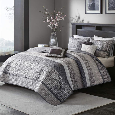 Madison Park Lustrous Jacquard Grey/Taupe King Quilt Set, 6pc