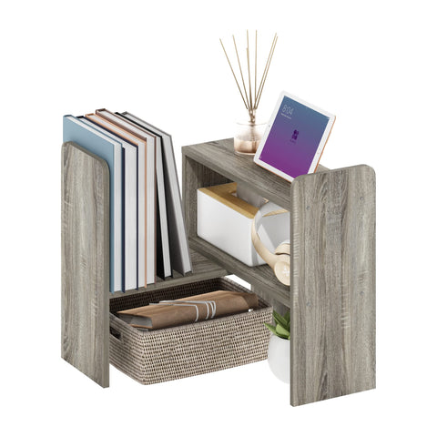 Furinno CLASSIC Desk Organizers and Hutch, Open Shelf Expandable Office Organization, Adjustable Desk Top Display Book Shelf, for Paper, Office Supplies, French Oak