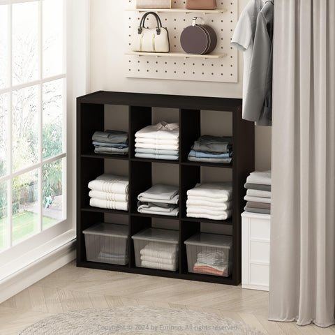 Furinno Cubic Open Back Multipurpose Clothing  and Closet Storage Organizer Shelf 9-Cube Dark Oak