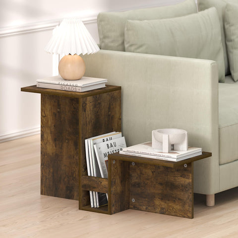 Furinno BOYATE Side Table, Valley Shaped End Table, with Tiered Levels and Magazine Rack, for Living Room, Amber Pine