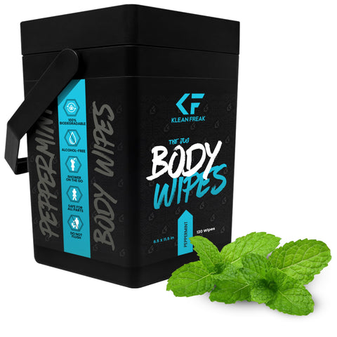 Klean Freak Body Wipes - for Face and Body, No Water, Wipe Away Sweat and Odor, Large Textured, Travel, Gym, Camping and More, 120 Cnt Jug (Peppermint)