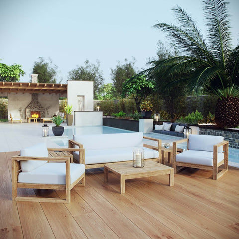 Modway Upland Teak Wood Outdoor Patio 6-Piece Sectional Sofa Set with Cushions in Natural White