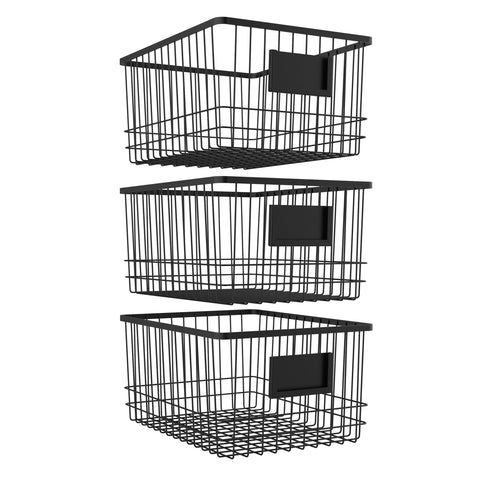 Oceanstar Metal Wire Organizer Bin Basket with Card Holder, Set of 3, Black, WBH1903