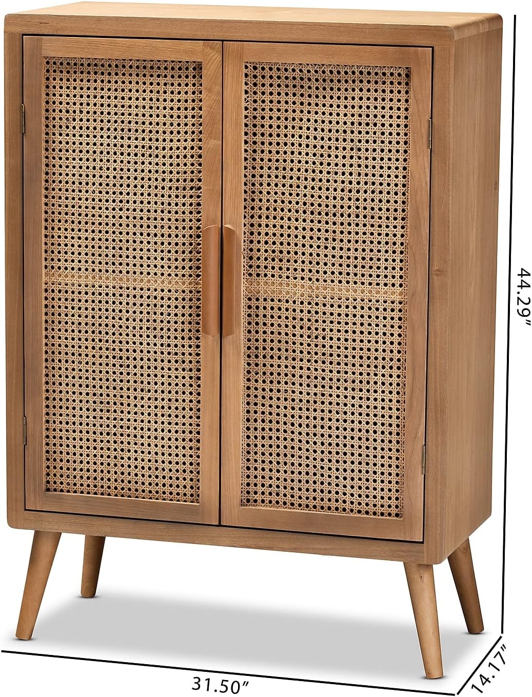 Baxton Studio Alina Mid-Century Modern Medium Oak Finished Wood and Rattan 2-Door Accent Storage Cabinet