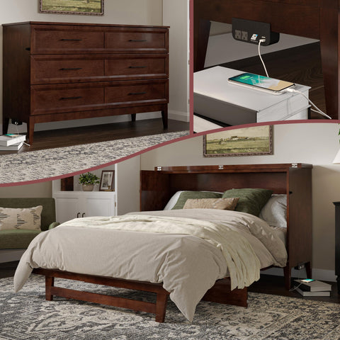 AFI, Santa Fe Queen Murphy Bed Chest with 6" Mattress & Built-in USB Charger, Walnut