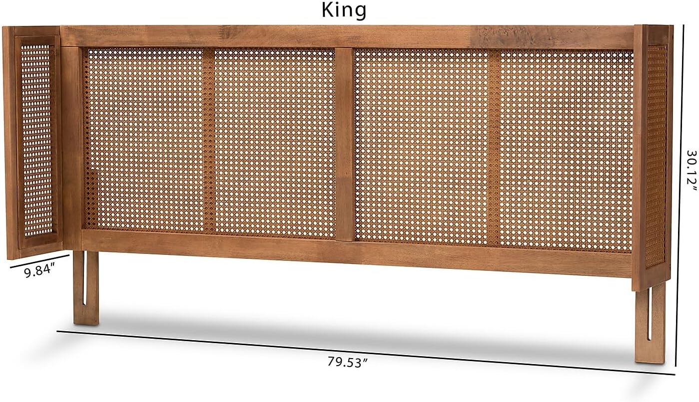 Baxton Studio Rina Mid-Century Modern Ash Wanut Finished Wood and Synthetic Rattan King Size Wrap-Around Headboard