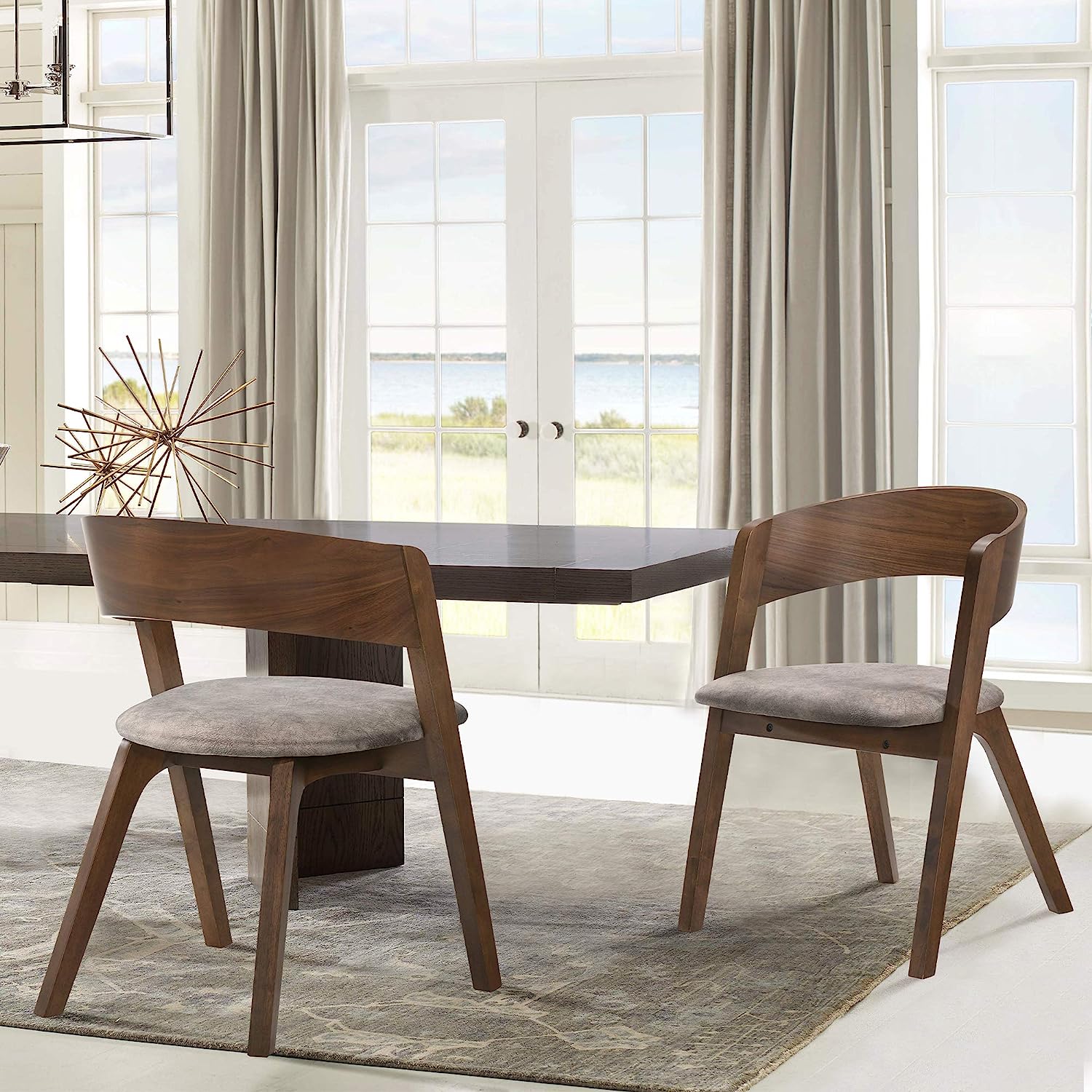 Armen Living Jackie Mid-Century Modern Dining Accent Chairs Finish Fabric-Set of 2, 21" Wide, Walnut/Brown