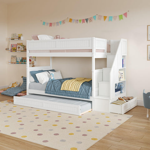 AFI, Dover Twin Over Twin Staircase Bunk Bed with Storage Drawer and Twin Trundle, White