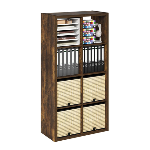 Furinno Cubicle Book Shelf, 8-Cube Bookshelf, Extra Thick Frame Horizontally & Vertically Reversible Bookcase with Open Back, 14.6" x 30" x 58", for Living Room, Bedroom, Home Office, Amber Pine