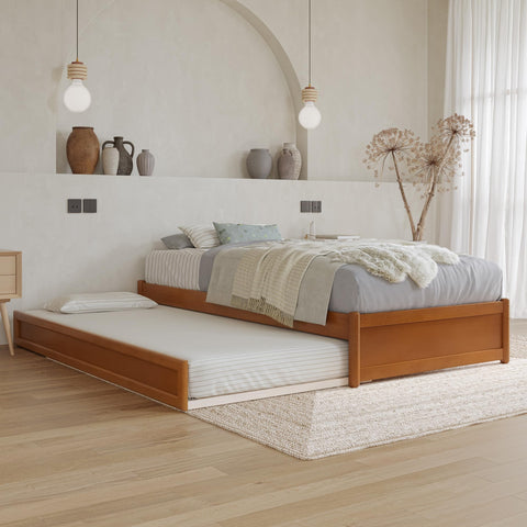 AFI, Barcelona Twin XL Panel Platform Bed with Twin XL Trundle, Light Toffee