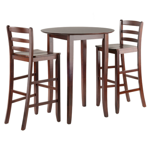 Oakestry Fiona 3-Pc High Table Set with Ladder-Back Bar Stools, Solid Wood Round Pub Table & Chairs, 38.98" High, Antique Walnut Finish