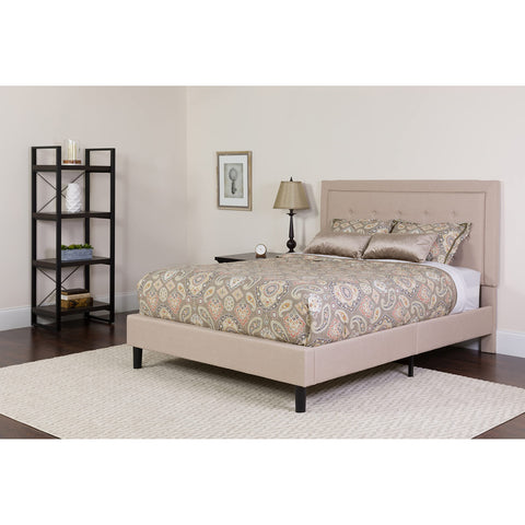 Flash Furniture Roxbury Queen Size Tufted Upholstered Platform Bed in Beige Fabric with Memory Foam -Mattress
