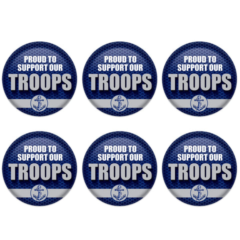 Beistle 6 Piece Support Our Troops Pinback Button Badge Pins for 4th of July Patriotic Decorations Independence Day Party Supplies and Favors, 2", Blue/White/Gray