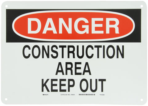 Brady 25804 10" Height, 14" Width, B-401 Plastic, Black And Red On White Color Admittance Sign, Legend "Danger, Construction Area Keep Out"