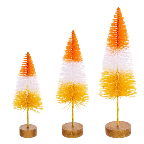 Vickerman Orange, White, and Yellow Sisal Bottle Brush Tree Set - Set of 3 - Candy Corn Tabletop Tree Set - Halloween and Fall Home Decor - Maintainence Free Home Decor Set