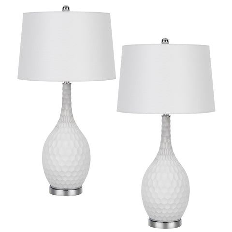 Cal Pori 150W 3 Way Glass Table lamp with Taper Drum Fabric Shade. Priced and Sold a Pairs.