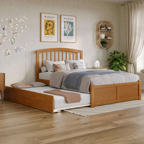AFI Richmond Full Solid Wood Platform Bed with Footboard & Twin Trundle in Light Toffee