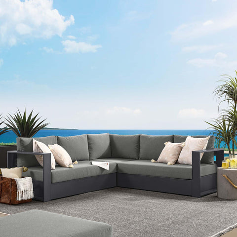 Modway Tahoe Aluminum 3-Piece Outdoor Patio Furniture Gray Charcoal, Modular Sectional Sofa Set with Weather-Resistant Cushions, Ideal for Deck, Backyard Poolside