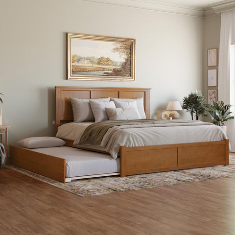 AFI Madison King Solid Wood Platform Bed with Footboard & Twin XL Trundle in Light Toffee