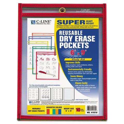 C-Line Reusable Dry Erase Pockets, 6 x 9 Inches, Assorted Primary Colors, 10 Pockets per Pack (41610)