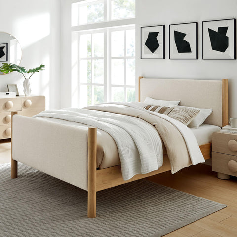 Modway Maven Full Bed Frame in Ivory Oak with Upholstered Fabric Headboard and Footboard – Wood Full Platform Bed Frame – No Box Spring Needed