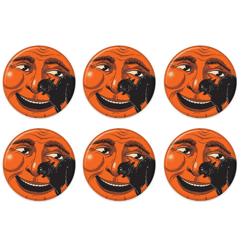 Beistle 6 Piece Vintage Halloween Party Supplies Cat & Moon Pinback Button Pins