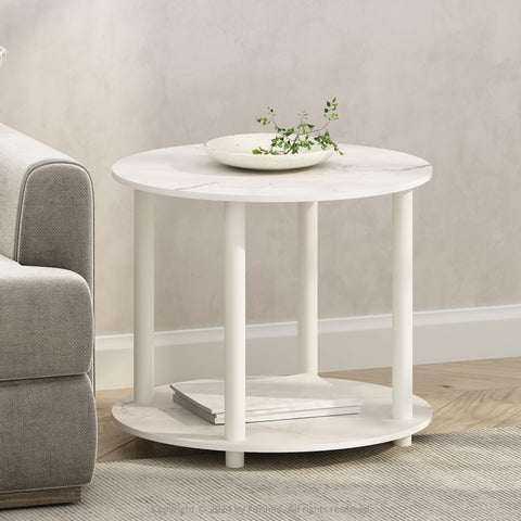 Furinno Turn-N-Tube Side Table, 2-Tier Round End Table with Open Shelf, Night Stand, Bedside Table, Toolless Assembly, for Living Room, Bedroom, Marble White