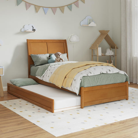 AFI, Andorra Twin Platform Bed with Panel Footboard and Twin Trundle, Light Toffee
