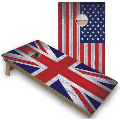 Skip's Garage UK & USA Flag All-Weather Cornhole Boards - PVC - Include CASE + Edge Lights