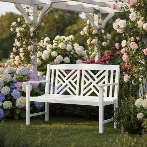 Oakestry Fretwork Garden White Bench Outdoor Decorative Patio Landscape Seating