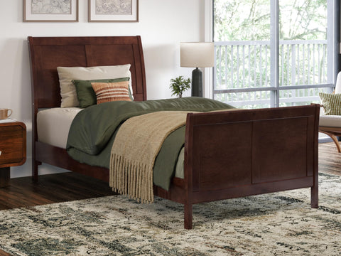 Valencia Twin XL Solid Wood Low Profile Sleigh Platform Bed with Matching Footboard in Walnut
