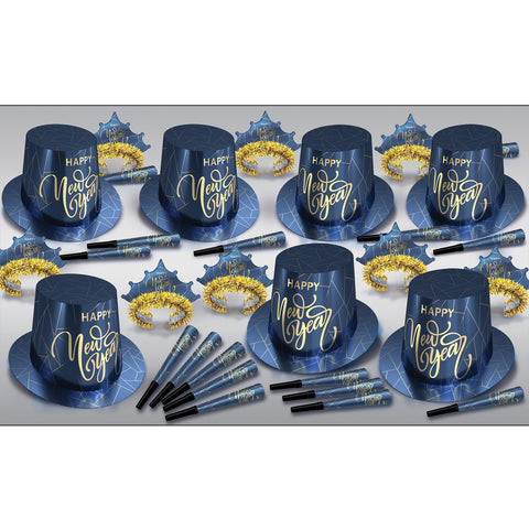 Beistle Midnight New Year Party Assortment Guests, Hi-Hats, 25 Fringed Tiaras, and 50 Horns, Elegant NYE Favors for Celebrations and Events, One Size, Blue/Gold