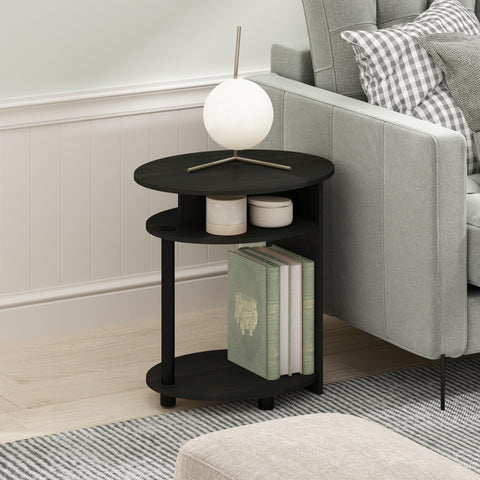 Furinno Jaya Side Table, 3-Tier Round End Table with Oval Tabletop, Night Stand, Bedside Table with Open Shelf, for Living Room, Bedroom, Black Walnut