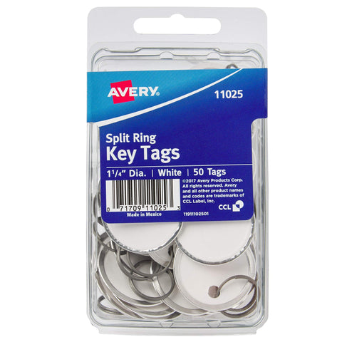 Avery Metal Rim Key Tags, 1.25" Diameter Tag, Metal Split Ring, White, 50 Tags (11025)