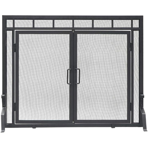 Mission-Style Flat Fireplace Screen with Doors, Wrought Iron Matte Black, 39 x 31 Inches