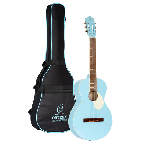 Ortega Guitars 6 Gaucho Series Nylon String Parlor Guitar w/Bag, Right, Sky Blue (RGA