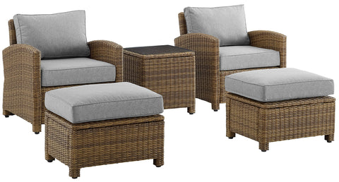 Bradenton 5Pc Wicker Outdoor Chair Set Sand/ Weathered Brown - Side Table, 2 Arm Chairs & 2 Ottomans