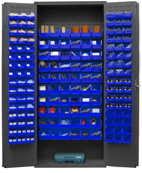 Durham 2603-156B-5295 Lockable Bin Cabinet with 156 Blue Hook-On Bins, Flush Door Style, 36" Wide, 16 Gauge, Gray