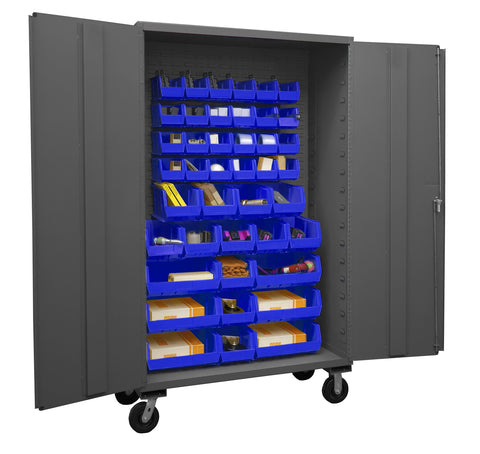 Durham 2502M-BLP-42-5295 Lockable Mobile Cabinet with 42 Blue Hook-On Bins, Flush Door Style, 48" Wide, 16 Gauge, Gray