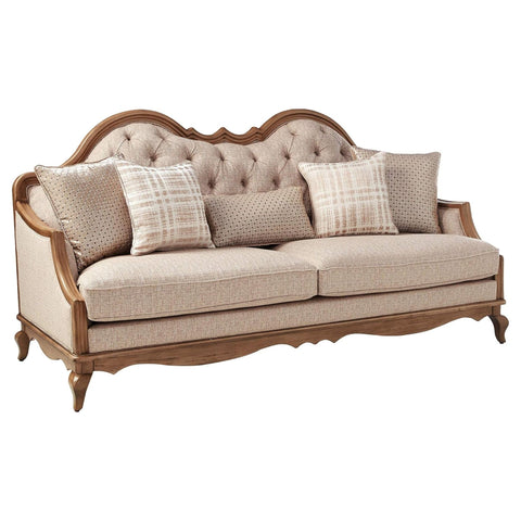 Oakestry Chelmsford Sofa Beige Fabric Antique Taupe Five Pillows Elegant Comfortable Durable Stylish Transitional Living Room Furniture Upholstered Seating Premium Home Décor Classic Accent Couch