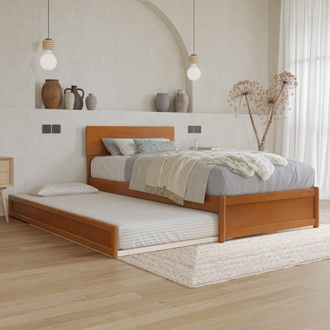 AFI, Wesley Twin XL Platform Bed with Panel Footboard & Twin XL Trundle, Light Toffee